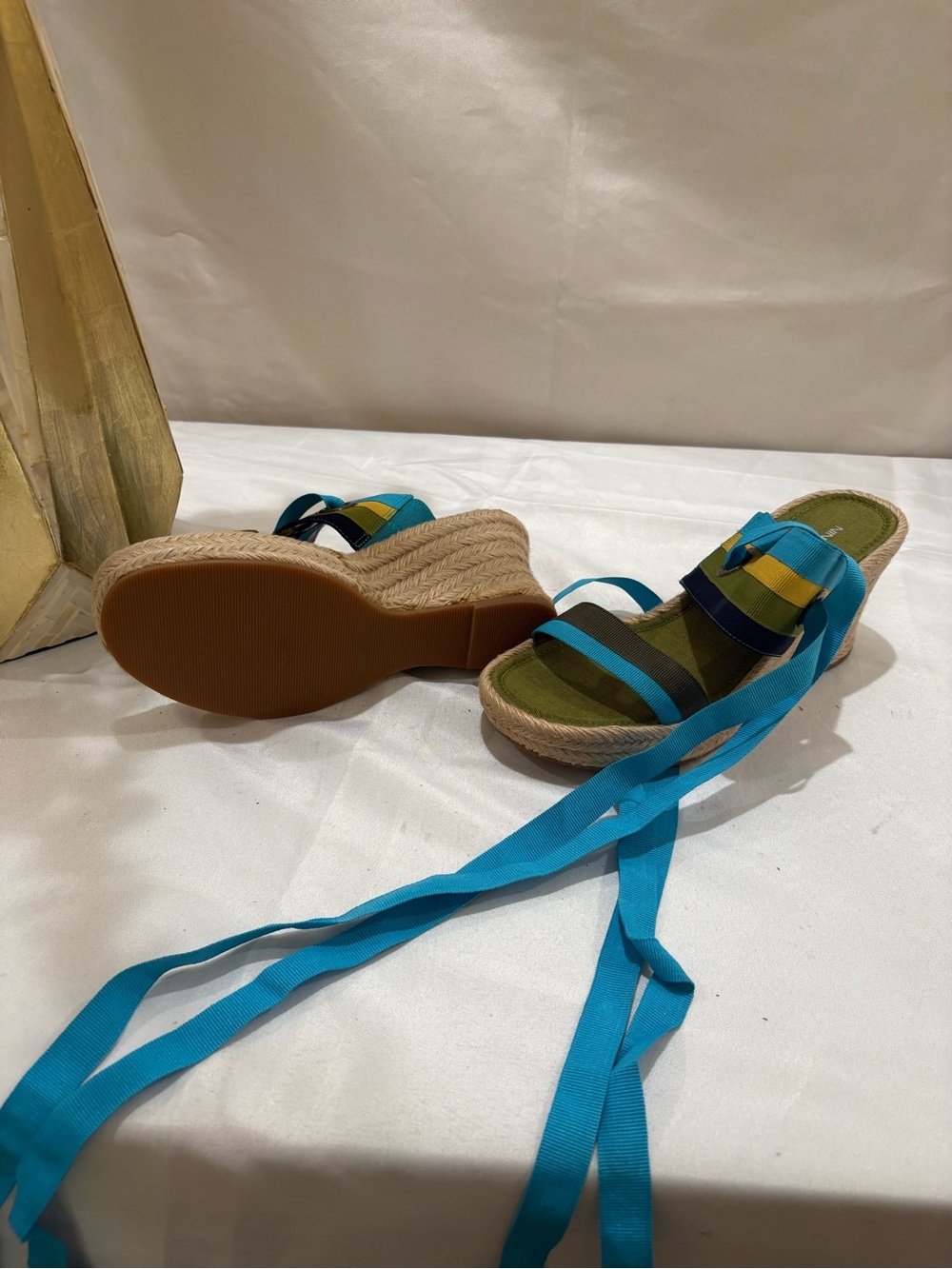Nine West Teal, Olive & Mustard Striped Lace-Up Espadrille Sandals - Picture 4 of 4